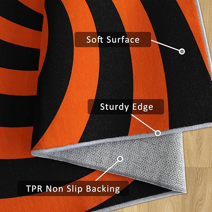 70s Rug 6x8 Swirl Abstract Black Orange Striped Pattern Area Rugs for Living Room, Bedroom, 70s Home Decor Accessories Indoor Carpet, Non Slip & Machine Washable, GD0378