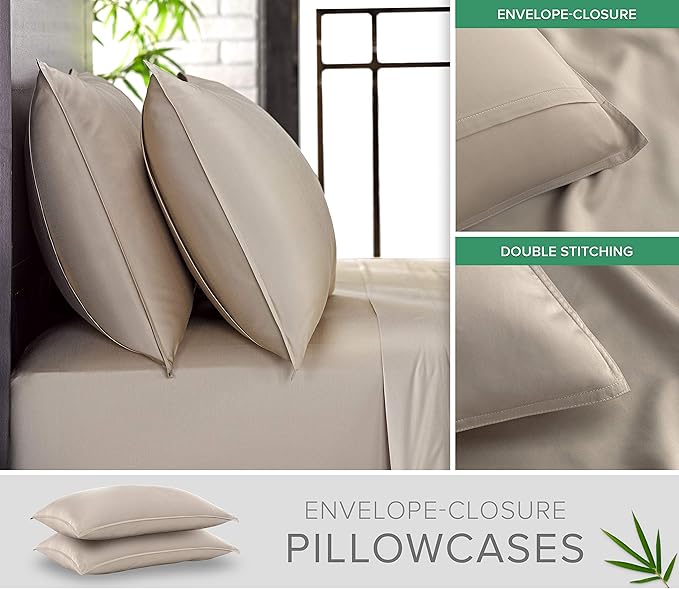 Pure Bamboo Split King Sheets, Genuine 100% Organic Viscose Derived from Bamboo Bed Sheet Set, Soft & Cooling, Double Stitching, 2 Fitted Sheets (Split King, Sand)