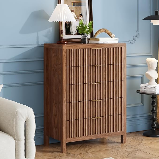 JZXSHD 43" 5 Drawer Dresser Tall Dresser Organizer TV Drawer Cabinet Modern Wood Storage Cabinet, Modern Wood Storage Cabinet for Bedroom, Hallway, Entryway, Walnut