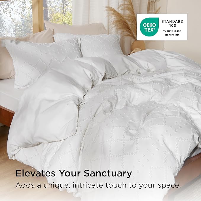 Bedsure Boho Duvet Cover Full Size - White Breathable & Soft Boho Bedding, Machine Washable Comforter Cover for All Seasons, Includes 1 Duvet Cover 80"x90" with 2 Pillow Shams & Zipper Closure