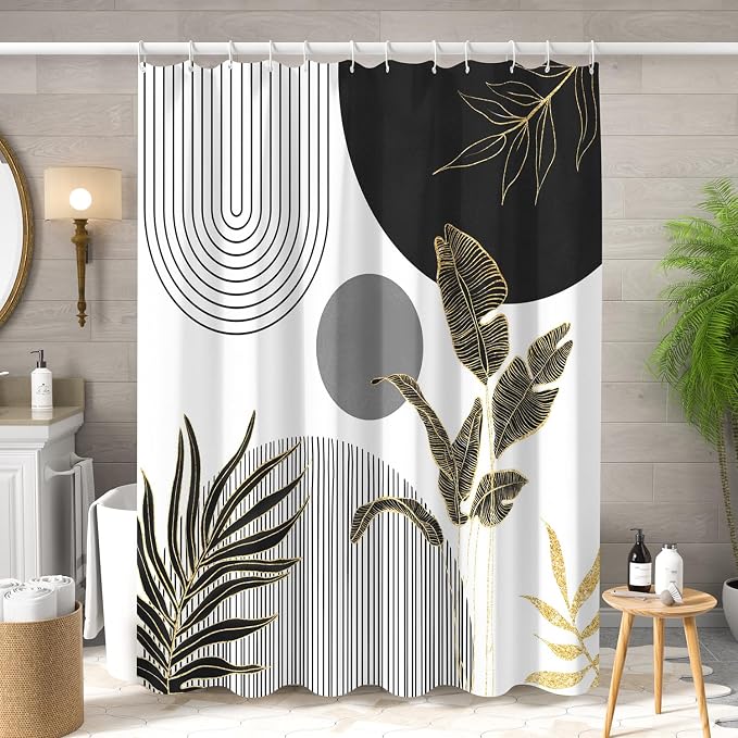 Mid Century Boho Shower Curtain, Abstract Modern Sun Minimalist Aesthetic Shower Curtain, Bohemian Geometric Arch Curve Leaves Neutral Art Fabric Bathroom Curtains Black 48x72 inch