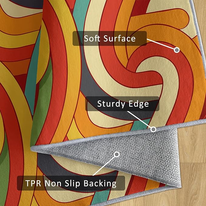 70s Retro Rug Large 7x10 Abstract Striped Groovy Hippie Pattern Area Rugs for Living Room, Bedroom, 70s Retro Home Decor Accessories Indoor Carpet, Non Slip & Machine Washable, GD0331
