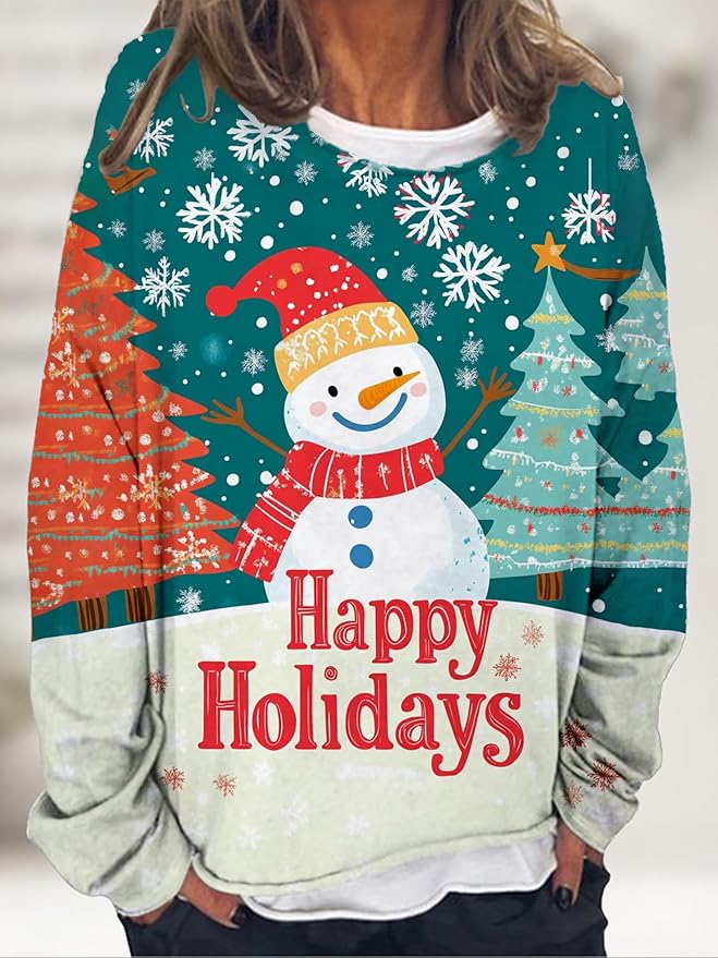 LOAIHA Christmas Shirts for Women Crewneck Snowman Snowflake Santa Graphic Shirts Christmas Tree Long Sleeve Xmas Hoodie