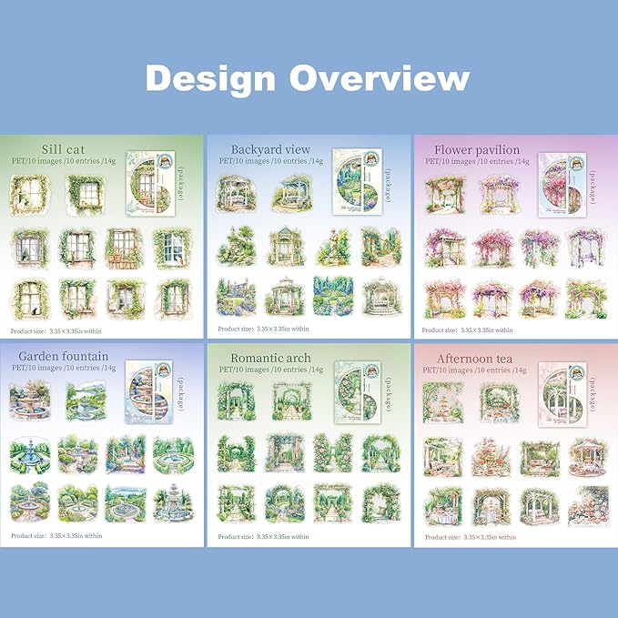 AuriicLeaf Cottagecore Garden PET Sticker Set, 60PCS Aesthetic Landscape Stickers for Scrapbooking, Journaling, DIY Crafts, and Art Supplies
