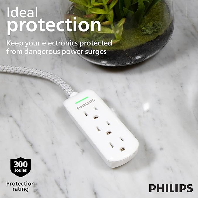Philips 8 Ft Indoor Extension Cord with Surge Protection, 3-Outlet, Flat Plug, 300 Joules, UL Listed, White, SPP3433BB/37