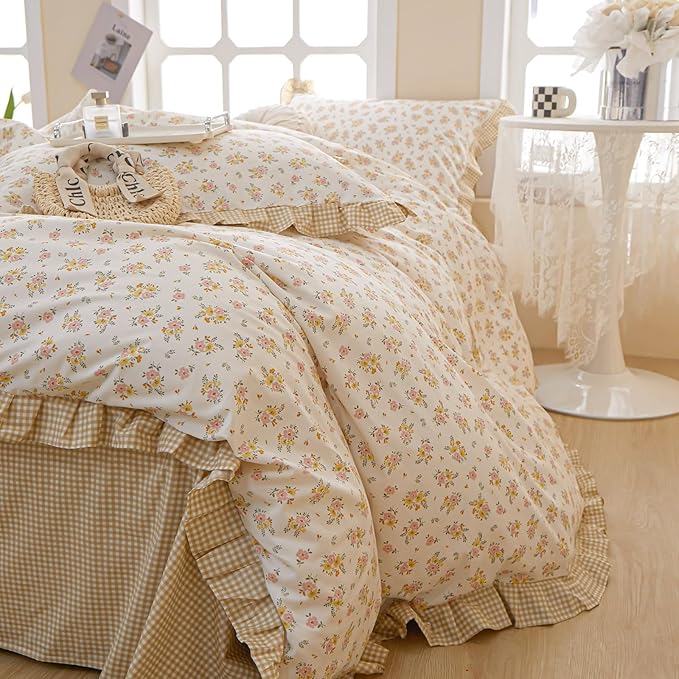 Ruffle Comforter Set Queen Vintage Rose Flower Comforter 3 Pieces Romantic Floral Bedding Set Queen Fluffy Soft Flowers Botanical Comforter Set 1 Flower Ruffled Comforter with 2 Lace Pillowcases