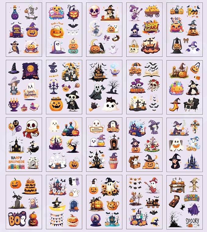 Dwpetzo Transparent Halloween Scrapbook Stickers Book, 20 Sheets Diecut PET Stickers for Journaling, Purple Vintage Spooky Theme for Scrapbooking, Junk Journal Supplies, Planner, Bujo, Crafts Arts