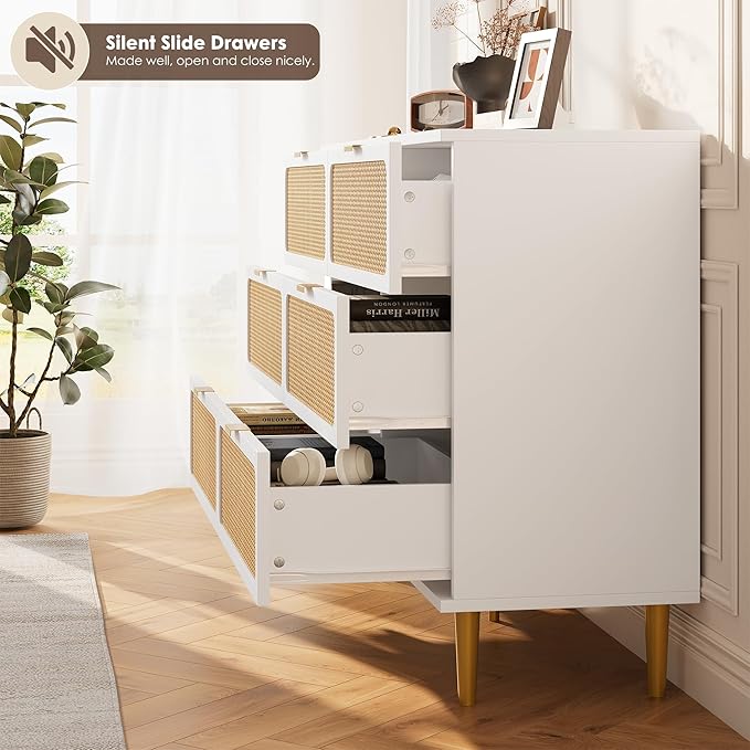 Garvee Rattan Dresser with 6 Drawers, Tall Modern Closet with Deep Storage, Large Chest of Drawers with Wide Top, Long Wooden Dresser for Bedroom, Living Room, Hallway, Kids Room, White