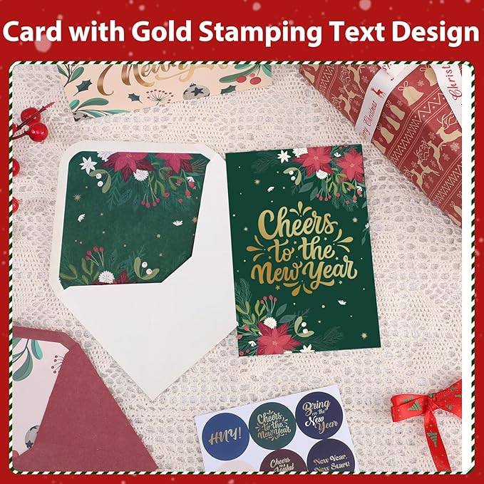 Thboxes New Year Cards with Envelopes, 36 Pack 4x6in Happy New Year Greeting Cards, Gold Foil Happy Holiday Card with Stickers, Christmas Card, 6 Assorted Design