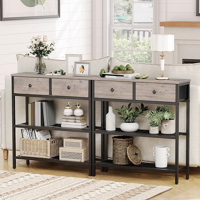 HOOBRO 29.5" Narrow Console Table with 2 Fabric Drawers, Sofa Table, Small Entryway Table with 3-Tier Storage Shelves, Behind Couch Table, for Living Room, Hallway, Greige and Black BG72XG01
