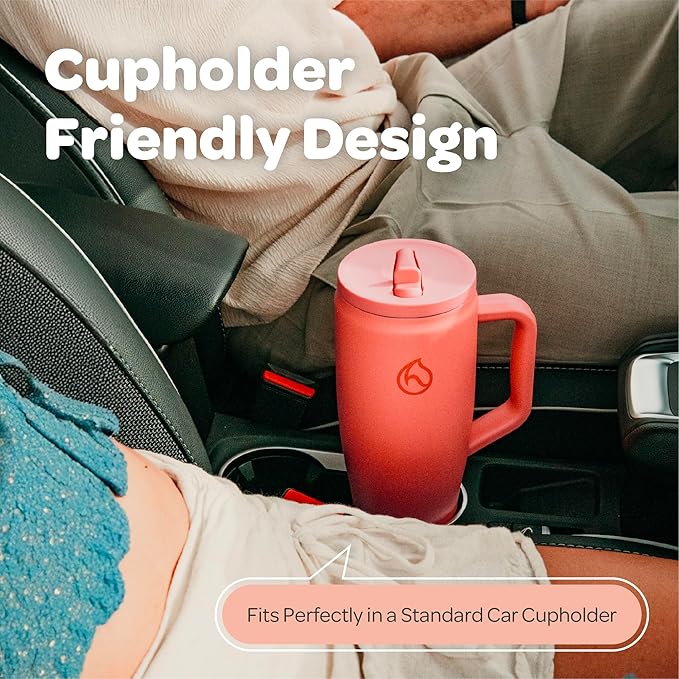 Hydracy 40oz Tumbler with Flip Straw Stainless Steel Insulated Water Bottle with Handle, Reusable Leakproof Rotatable Lid for Left or Right Hand Use, Cupholder Friendly Rubber Base - Coral Crush