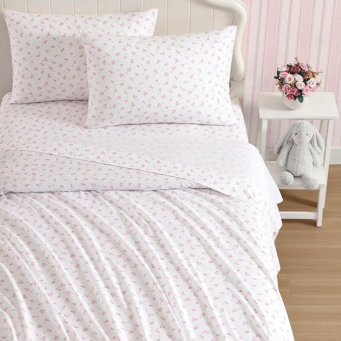 Laura Ashley Kids - Twin XL Sheet Set, Soft & Wrinkle-Resistant Toddler Bedding Set, Deep Pockets, Girl Bed Sheets with Matching Fitted Sheet & Pillowcase (Busy Bee Pink)