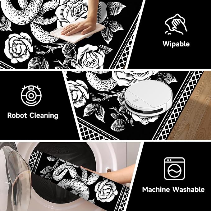 3'x5' Gothic Snake and Rose Area Rug Black and White Floral Vine Floor Mat Retro Boho Carpet Washable Low Pile Indoor Rugs for Entryway Bedroom Living Room Kitchen Home Decor