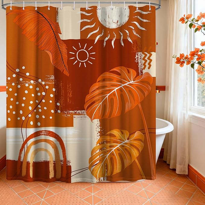Burnt Orange Mid Century Modern Shower Curtain Bohemian Abstract Leaf Shower Curtains for Bathroom Decor Sets, Waterproof Cloth Fabric with Hooks, 70x78 Inch