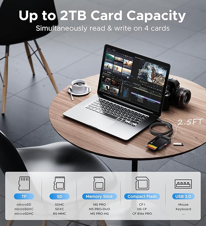 SD Card Reader USB 3.0, WARRKY [2.5FT Nylon Braided, Extra USB 3.0 Ports, 5Gbps] 7 in 1 Memory Card Reader, Micro SD Card Adapter for microSD, SDXC, SDHC, CF, MS, MMC, Micro SDXC/SDHC, UHS-I, More