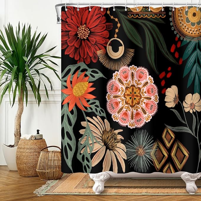 Black Boho Floral Shower Curtain Abstract Botanical Mid Century Modern Bathroom Decor Tropical Flower Shower Curtain with 12 Hooks,72x108 inches