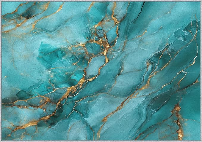 Turquoise Marble Abstract Area Rug, Blue Gold Pattern Carpet, Washable Non Slip Low Pile Soft Thin, Living Room Bedroom Home Decor Mat 3x5ft(Small)