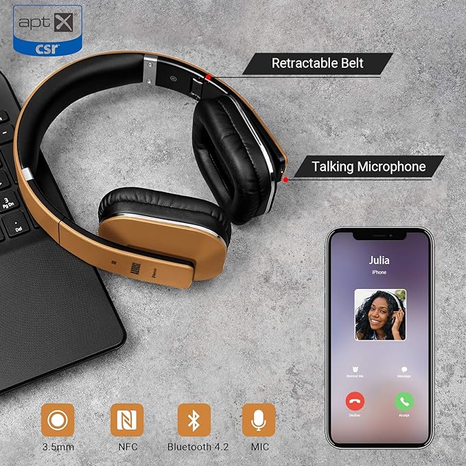 August EP650 Bluetooth Wireless Over-Ear Headphones with aptX Low Latency, NFC, Multipoint Pairing, Wired Option, Built-in Microphone - Gold