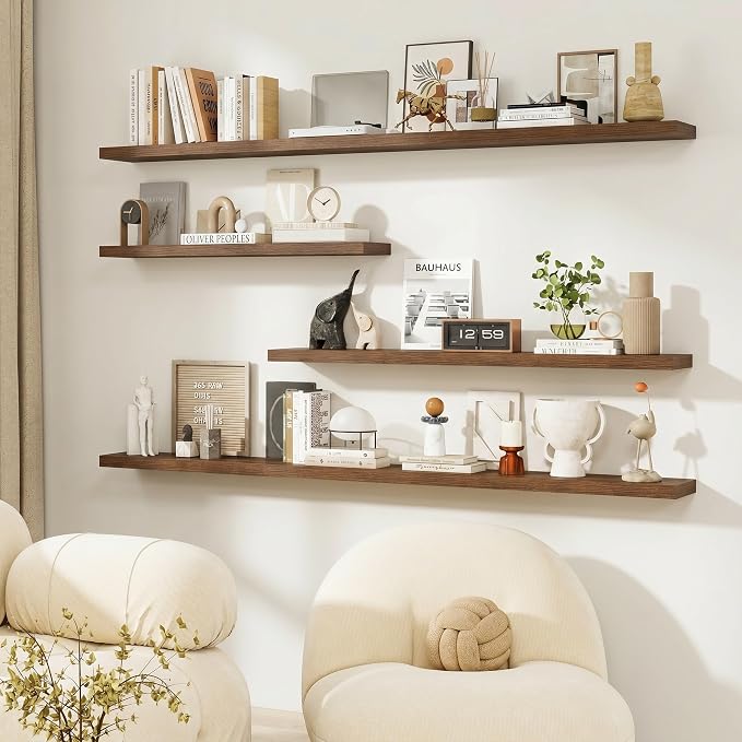 Dreamland Walnut Floating Shelves, Wall Mounted Shelves for Storage and Home Decor, Rustic Wood Shelves for Bathroom, Living Room, Bedroom and Kitchen, 16" x 6.7" Set of 2