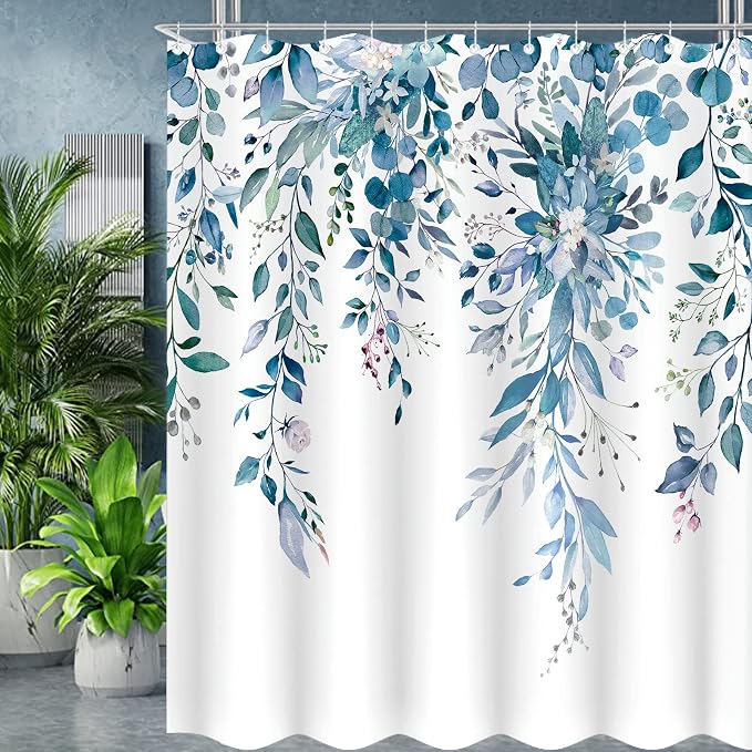 Long Blue Eucalyptus Shower Curtain Watercolor Floral Plant Leaf Shower Curtains for Bathroom Botanical Flower Waterproof Fabric Bath Curtain Decor with Hooks (Blue, 72'' x 78'')