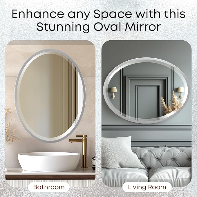 OVALCREST - Oval Wooden Beveled Wall Mirror for Home Decor, Bathroom, Vanity, Bedroom, Living Room, Hallway - London Style (Silver Spray) 17.1 x 13.1