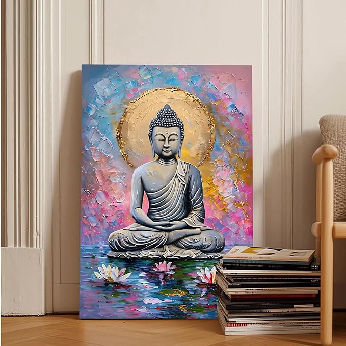 Lotus and golden Buddha meditation tranquil zen wall art mindfulness wall art for spiritual harmony and tranquility decor 12x18in Frameless