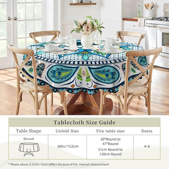 Eikione Boho Round Tablecloth 60inch, Bohemia Table Cloth, Polyester Waterproof Stain Wrinkle Free Tablecloths, Indoor and Outdoor Table Cover for Home Kitchen Dining Decor