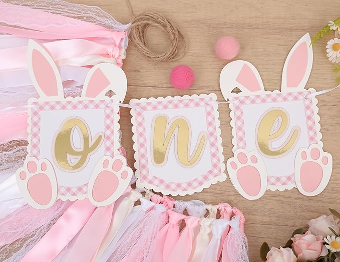 Pink Bunny One High Chair Banner - Some Bunny Is One Banner, Easter Bunny 1st Birthday Highchair Banner, Bunny Princess 1st Birthday Decorations, Pink Ribbon High Chair Garland (Bunny Banner One)