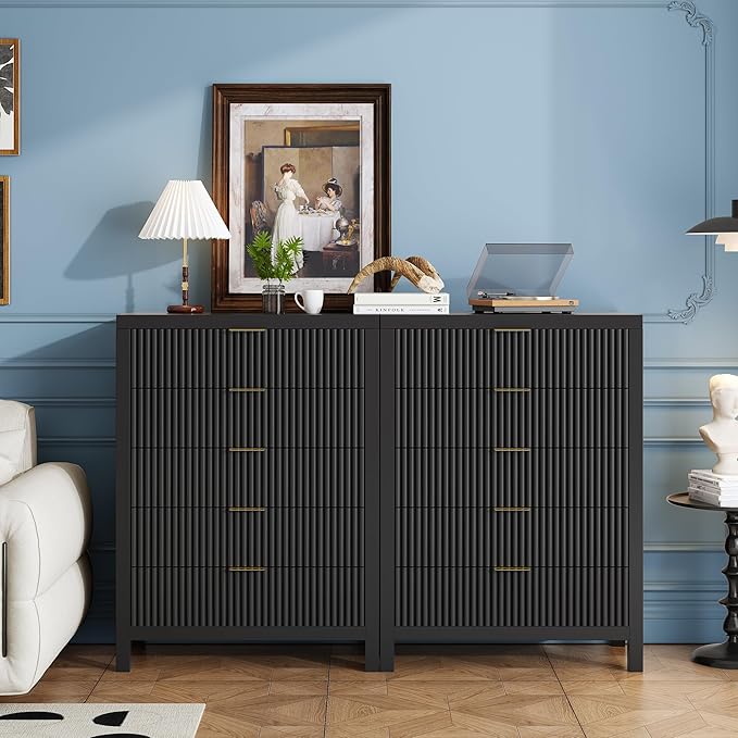JZXSHD 5 Drawer Dresser, 43" Tall Dresser Organizer TV Drawer Cabinet Modern Wood Storage Cabinet, Modern Wood Storage Cabinet for Bedroom, Hallway, Entryway, Black Oak X 2