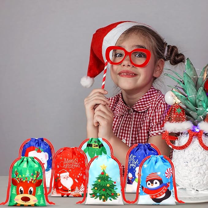 Xuniea 24 Pcs Christmas Party Favors Bags for Kids Drawstring Backpack Santa Claus Goodies Snack Treat Gift Bags Presents Wrapping for Xmas Winter Holiday Birthday Party (5.1 x 7.1 Inch)