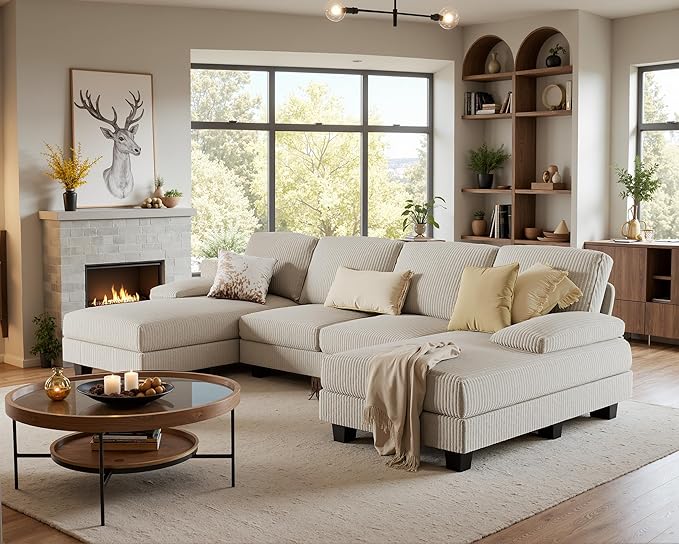 Furniwell Convertible Sectional Sofa Couch, 4 Seat Sofa Set for Living Room U-Shaped Modern Fabric Modular Sofa Sleeper with Double Chaise & Memory Foam (Corduroy, Beige)