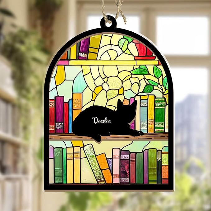 Personalized Pet Memorial Suncatcher – Custom Name & Cat Silhouette with Bookshelf Background for Up to 3 Cats, Memorial Keepsake for Cat Lovers, Home Décor Gift for Readers, Librarians & Book Lovers