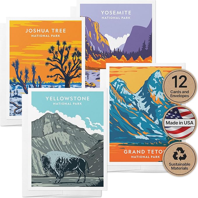 Twigs Paper - Assorted Art National Parks Greeting Cards - Stationery Cards with Envelopes - Thank You and Blank Note Cards - Greeting Cards for All Occasions - Made in USA (5.5 x 4.25, Set of 12)