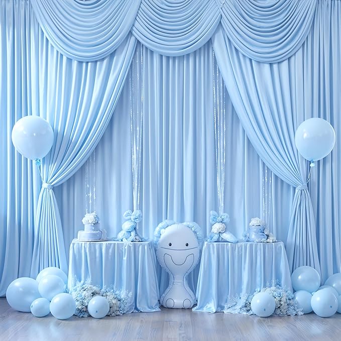 4 Panels Baby Blue Backdrop Curtain for Baby Shower Parties Wrinkle Free Light Blue Curtains Backdrop Drapes Fabric Decoration for Birthday Party Photography 20ft(W) x 10ft(H)