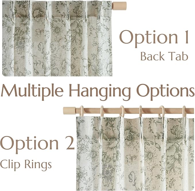 jinachan Pinch Pleated Curtains Floral Linen Blend Curtains for Living Room 84 Inches Length Christmas Green Peony Flower Printed Curtain Rod Pocket Back Tab Farmhouse Drapes with Hooks Set 2 Panels