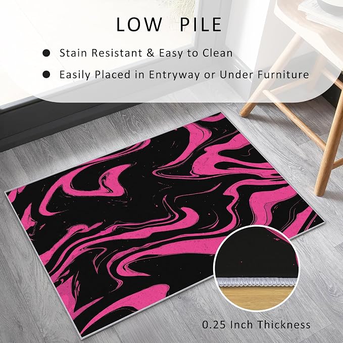 70s Rug 3x5 Retro Black Pink Abstract Hippie Pattern Area Rugs for Living Room, Bedroom, 70s Home Decor Accessories Indoor Carpet, Non Slip & Machine Washable, GD0384