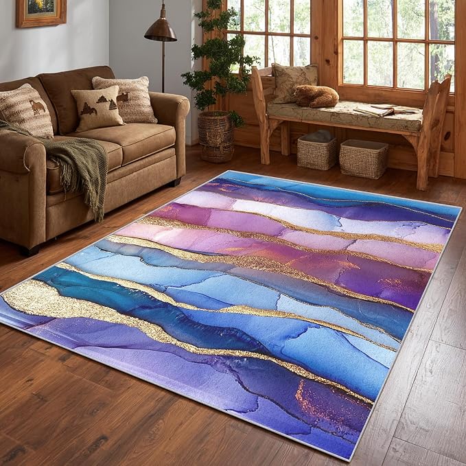 Irregular Marble Abstract Area Rug, Blue Purple Gold Pattern Carpet, Washable Non Slip Low Pile Soft Thin, Living Room Bedroom Home Decor Mat 5x7ft