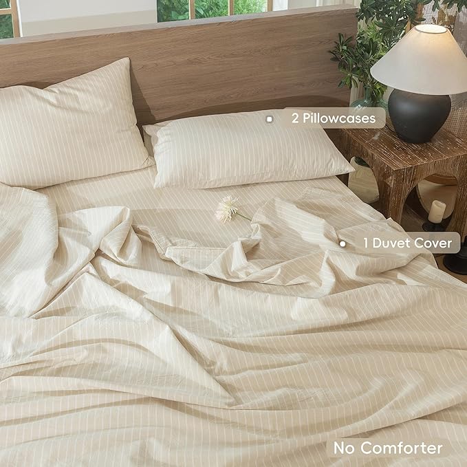 MooMee Striped Duvet Cover Set 100% Washed Cotton Linen Like Textured Breathable Durable Soft Comfy (Almond Milk Grey White Wide Stripes, Super King 108"x98")