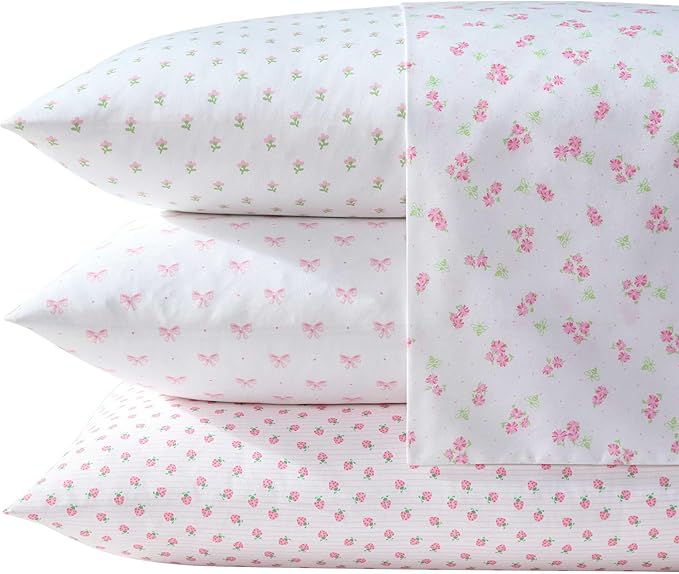 Laura Ashley - Kids Sheet Set, Ultra-Soft & Breathable Toddler Bedding with Matching Pillowcases, Wrinkle-Resistant, Ideal Girl Room Essentials (Busy Bee Pink, Queen)