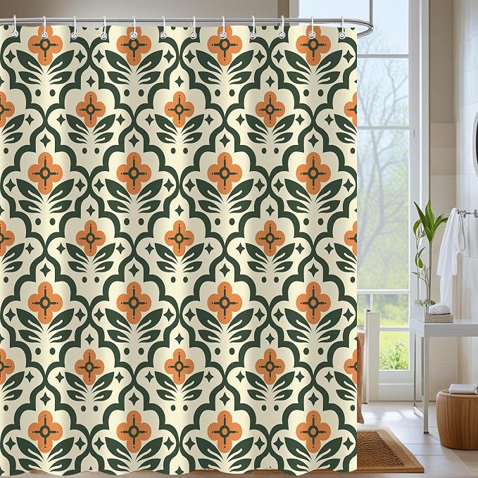 Vintage Boho Floral Shower Curtain，Mid Century Modern Abstract Orange Green Bathroom Curtain，Polyester Fabric Waterproof Bath Curtains 72x78 Inch with 12 Hooks