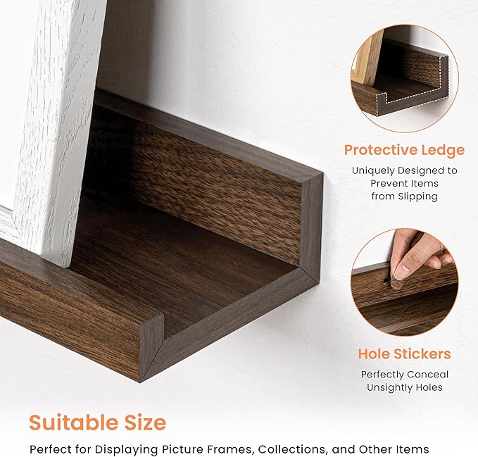 RICHFOCUS Picture Ledge Shelf, 30 inch Floating Shelves Set of 2, Wood Wall Shelves with Lip, Wall Decor Storage for Bedroom Living Room Bathroom Kitchen Nursery Photo Picture, Walnut