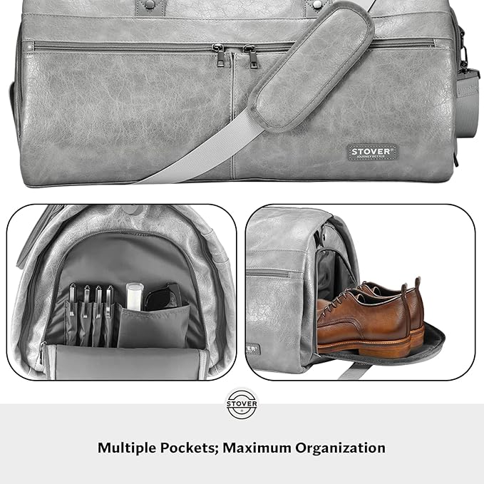 STOVER Garment Travel Duffle Bag, Large 2-in-1 Convertible Carry-on Luggage for Men & Women- Hanging Suits, Dresses & Clothes + Shoe Compartment- Weekender Tote Combo Duffel (Grey Leatherette)