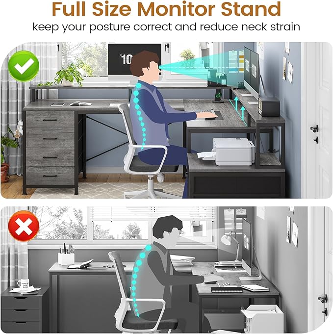 SEDETA L Shaped Desk with 6 Drawer, 108" Home Office Desk with File Drawer & Power Outlet, Corner Computer Desk with Monitor Shelf, Two Person Desk, Gaming Desk with Led Lights, Grey