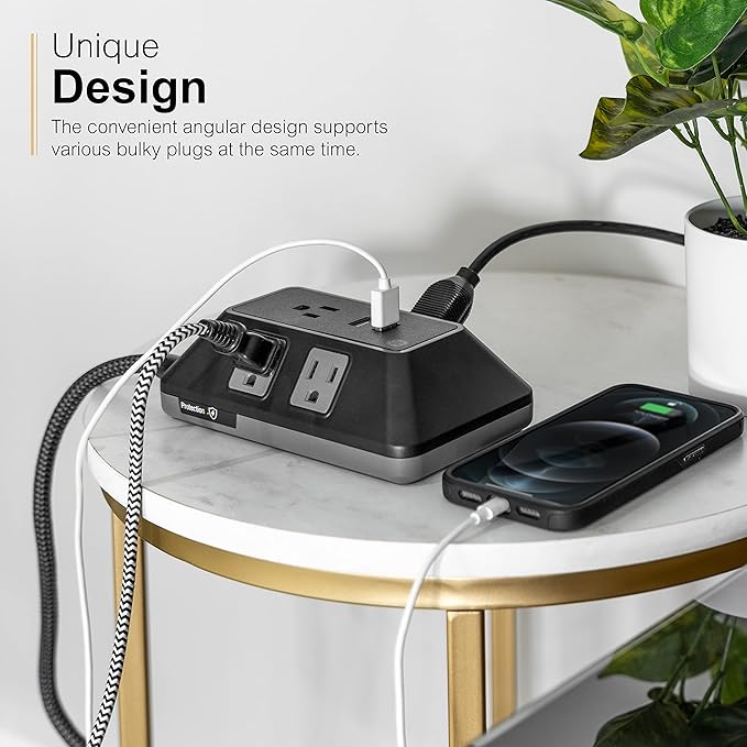 GE UltraPro Adapt 5-Outlet Surge Protector with USB Ports, 2 USB-A Ports, 2.4A, 3ft Braided Cord Power Strip Surge Protector, 560 Joules, Black, 73777