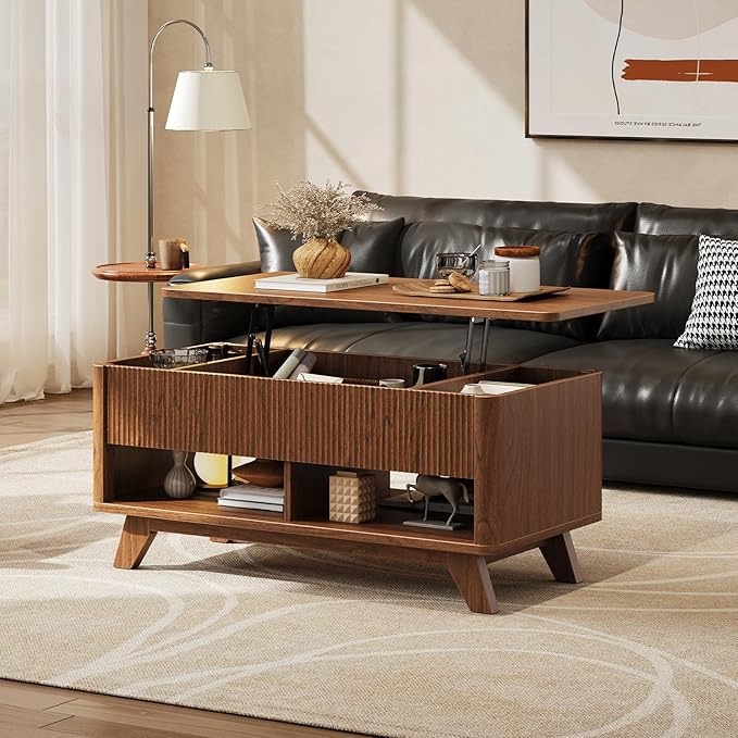 ONBRILL Farmhouse Lift Top Coffee Table, Mid Century Modern Coffee Table with Hidden Storage Compartment, Fluted Rising Pull up Wood Modern Center for Living Room, Office, Walnut