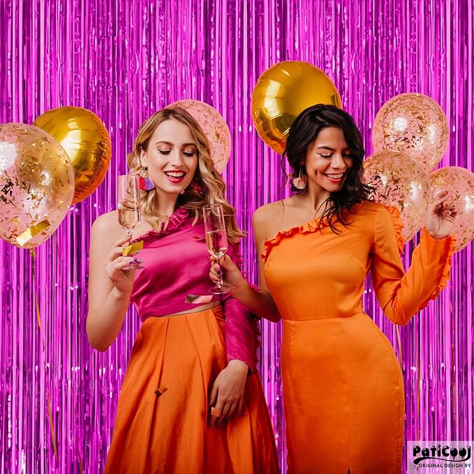 Thicken Hot Pink Streamers 4 Pack 3.2x8.2 FT, Pink Birthday Decrorations Tinsel Backdrop Curtains, Foil Fringe Photo Backdrop for Bachelorette, Graduation, Summer Hawaiian Party Decorations