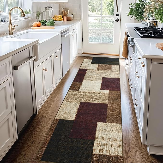 Modern Geometric Patchwork Indoor Runner Rug for Living Room, Red 2'x 6' Rug Rockwood Collection Hardwood Floors Decor for Bedroom, Burgundy Throw Carpet for Office Entryway Dining Room