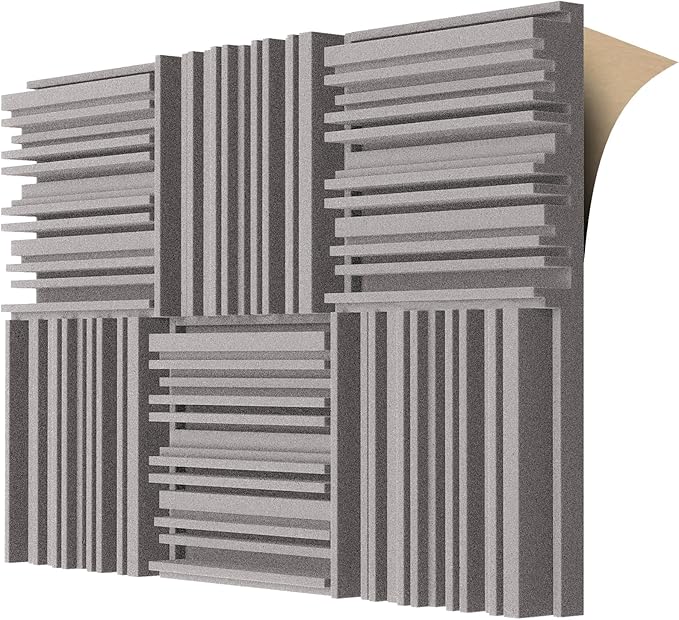 TroyStudio Self-adhesive Acoustic Foam Panels, 12 X 12 X 2 Inches 6 Pcs Broadband Sound Absorbing Foam, Dense Soundproof Padding Tile, Recording Studio Foam Absorber, Groove Decorative Wall Panel