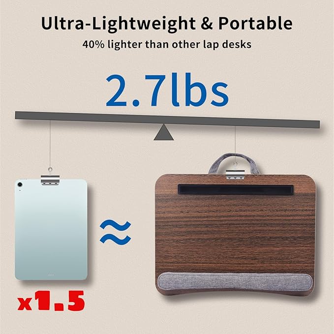 Heyfriday Home Office Lap Desk with Wrist Rest Laptop Bed Desk for Notebook, Laptop, Tablet, Lap Stand with Tablet, Phone Holder Fits Up to 14 Inch Laptops (Brown)