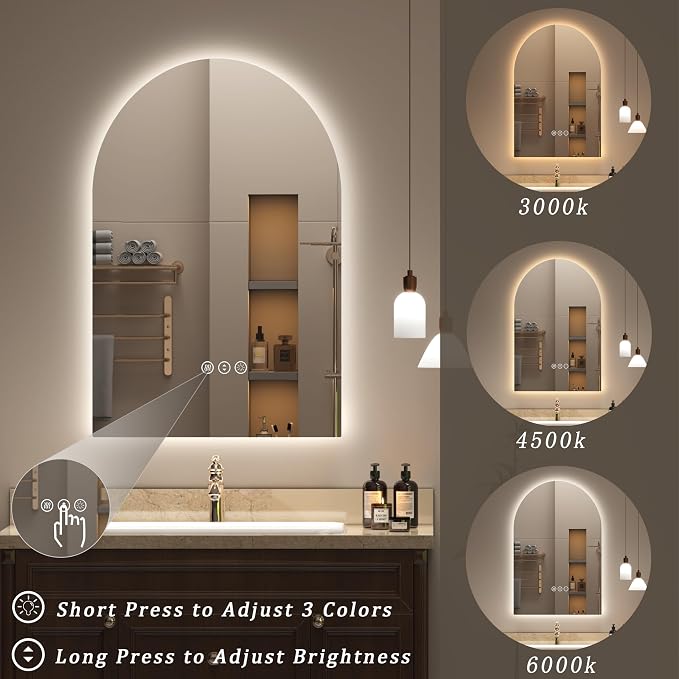 22x30 Arched LED Mirror for Bathroom, Arched Lighted Vanity Mirror, Dimmable, Backlit, Shatter-Proof, Anti-Fog, 3 Colors, Memory, ETL Listed